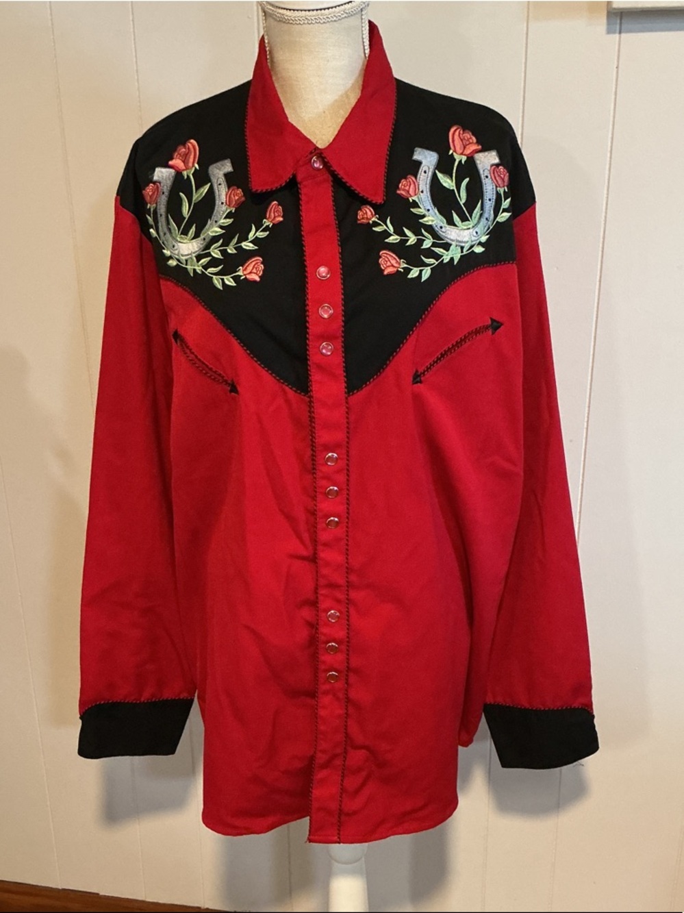 Scully Red and Black Western Embroidered Button-Down Shirt